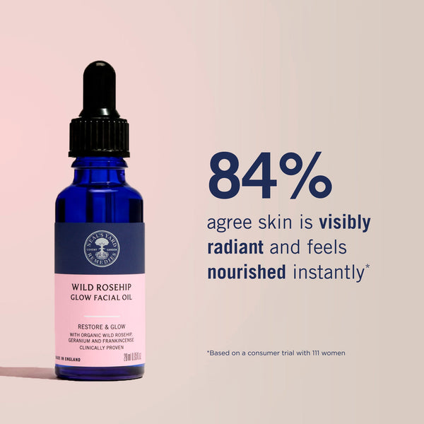 Bottle of Wild Rosehip Glow Facial Oil with text on a pink background