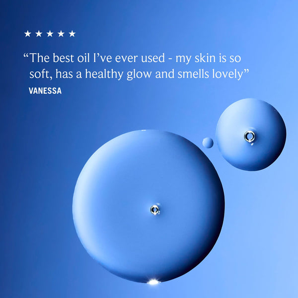 Blue oil droplets with a five-star rating and customer review on a blue background