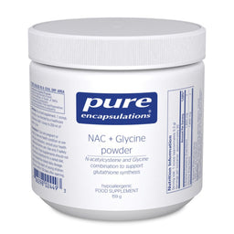 A white plastic jar of Pure Encapsulations NAC + Glycine powder, 159 g, on a clean white background.