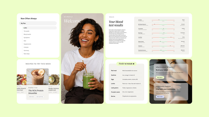 Health and wellness app interface with a woman drinking a green smoothie on a light green background