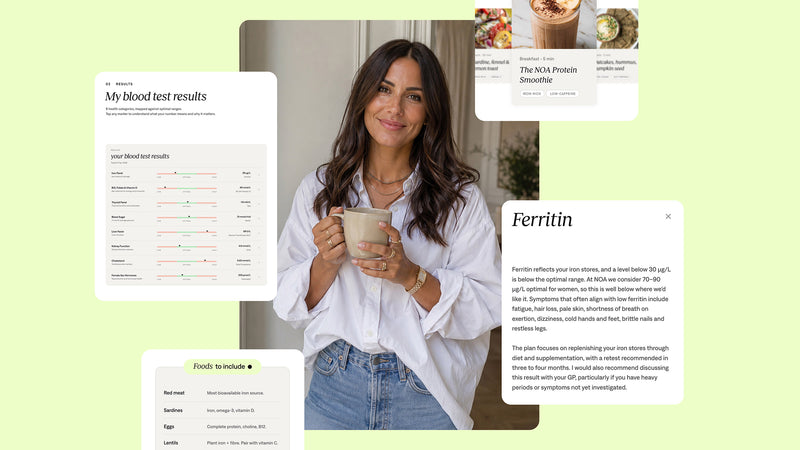 Woman holding a mug with text and images on a light green background