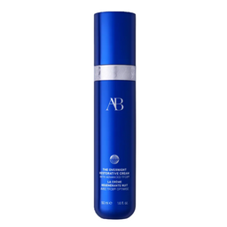 A 30 ml bottle of AB The Overnight Restorative Cream, featuring a metallic blue cylindrical design with a silver band and white lettering, set against a plain white background with a soft shadow.