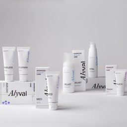 A collection of Aivval skincare products, including tubes, boxes, and bottles, arranged on a light gray studio background. The products are primarily white with black and blue/purple text and accents.