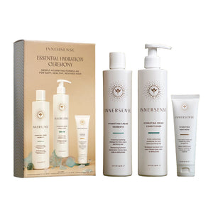 Innersense hair care product set including bottles and a box on a white background
