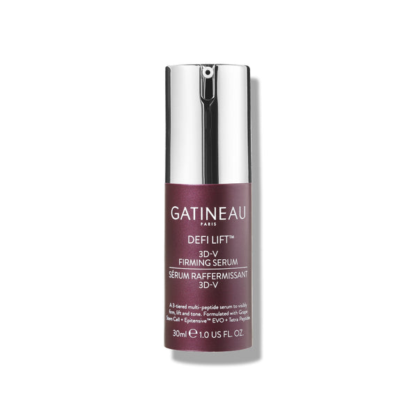 Gatineau Paris Defi Lift 3D-V Firming Serum in a 30ml bottle with a metallic silver cap and a deep plum-brown label, shown on a white background with a soft shadow.