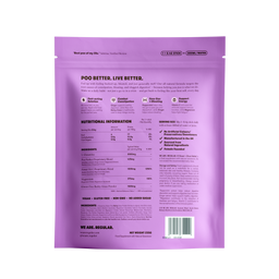 The back of a purple stand-up pouch package, showing nutritional information, ingredients, and product details on a plain white background.