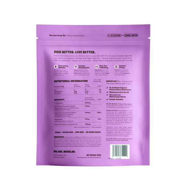 The back of a purple stand-up pouch package, showing nutritional information, ingredients, and product details on a plain white background.