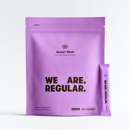 A lavender purple stand-up pouch labeled 'G1 Bowel + Bloat' with the slogan 'WE ARE. REGULAR.