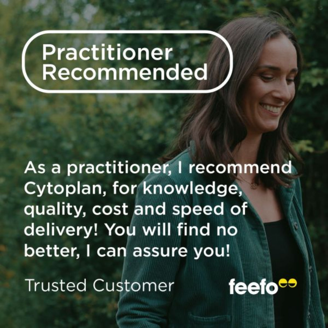 Woman in a green jacket with text about Cytoplan recommendation, outdoors.
