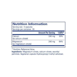 A Nutrition Information label on a white background, showing serving size 3 capsules and a table with calcium 240 mg (30%) and magnesium 240 mg (64%) per serving.