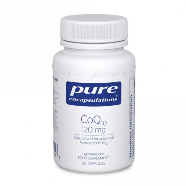 A white plastic bottle of Pure Encapsulations CoQ10 120 mg dietary supplement, containing 60 capsules, on a clean white background.