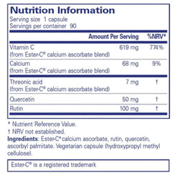 A Nutrition Information label for Ester-C calcium ascorbate, showing serving size, calories, vitamin C, calcium, threonine, quercetin, and rutin amounts with %NRV values, plus ingredients listed at the bottom.