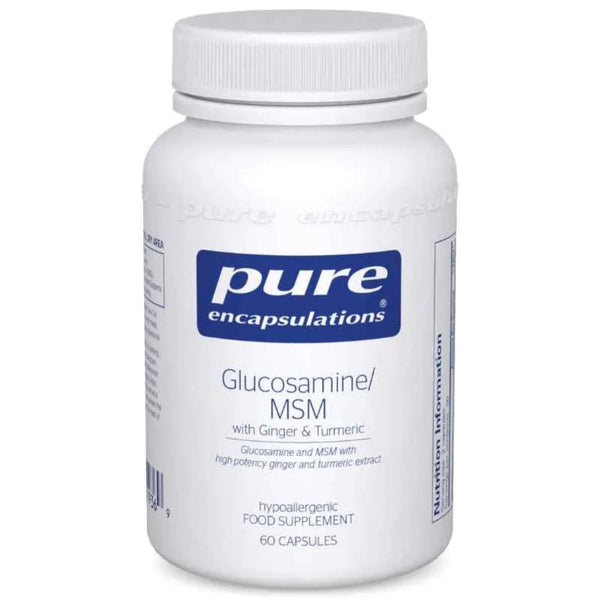 A white plastic bottle of Pure Encapsulations Glucosamine/MSM with Ginger & Turmeric, featuring a blue and white label, on a white background.