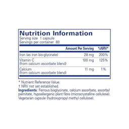 A Nutrition Information label for a supplement capsule, showing serving size, calories, iron, vitamin C, and calcium amounts with ingredients listed below on a white background.