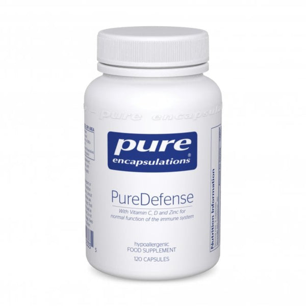 A white plastic bottle of Pure Encapsulations PureDefense food supplement with a blue and white label, on a white background.