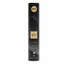 A tall black aerosol can of ghd once again dry shampoo on a plain white background. The can features a textured black design with a gold logo and a gold circular seal that reads 'DRY SHAMPOO'.