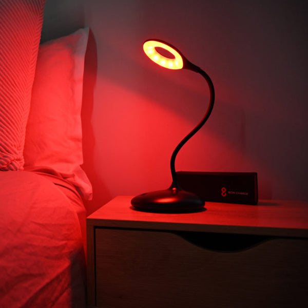 Blue Light Blocking Lamp Glowing on Bedside Table