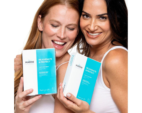 two women holding boxes of Jan Marini Rejuvenate & Protect Duo: C-Esta Serum and Antioxidant Daily Face Protectant SPF 30