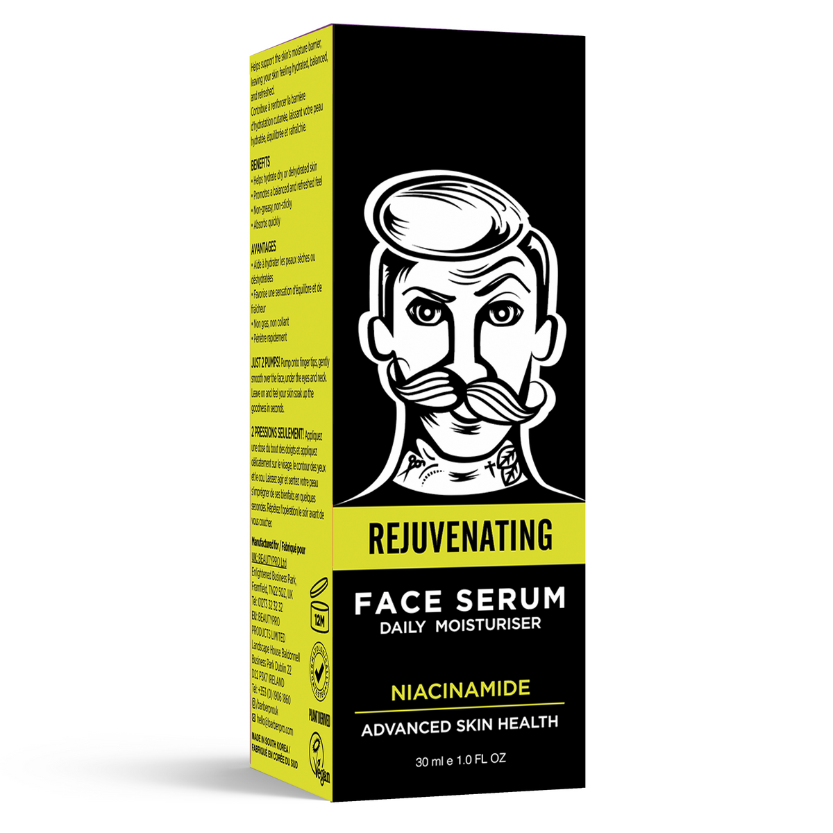 Box of Rejuvenating Face Serum with a black and yellow design on a white background