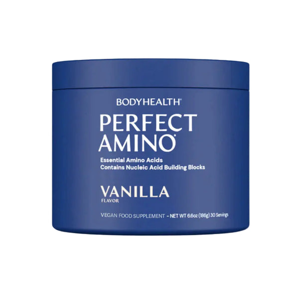 Blue container of BODYHEALTH Perfect Amino with vanilla flavor on a white background