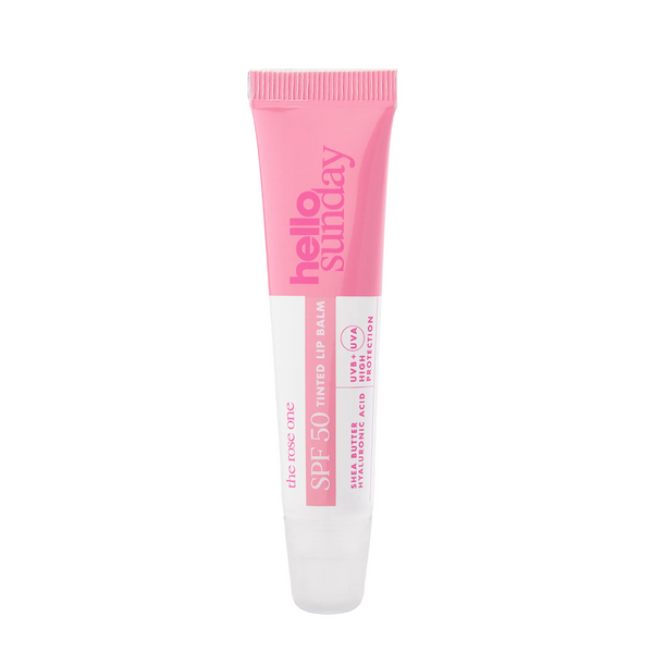Pink and white lip balm tube with 'hello sunday' branding on a white background