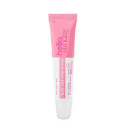 Pink and white lip balm tube with 'hello sunday' branding on a white background