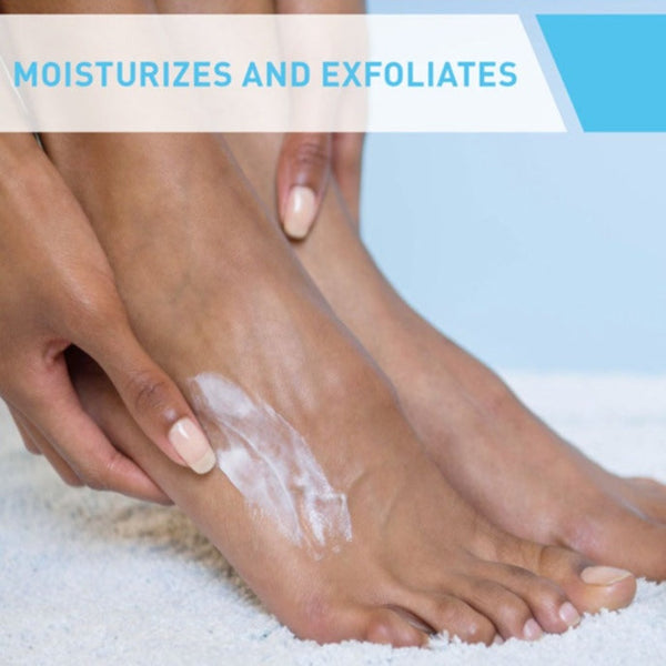 Model applying CeraVe SA Renewing Foot Cream to their feet