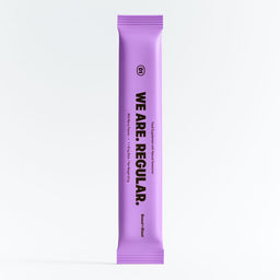 A single purple snack stick pack with black text reading 'WE ARE, REGULAR.' and smaller text below, centered on a clean white background.