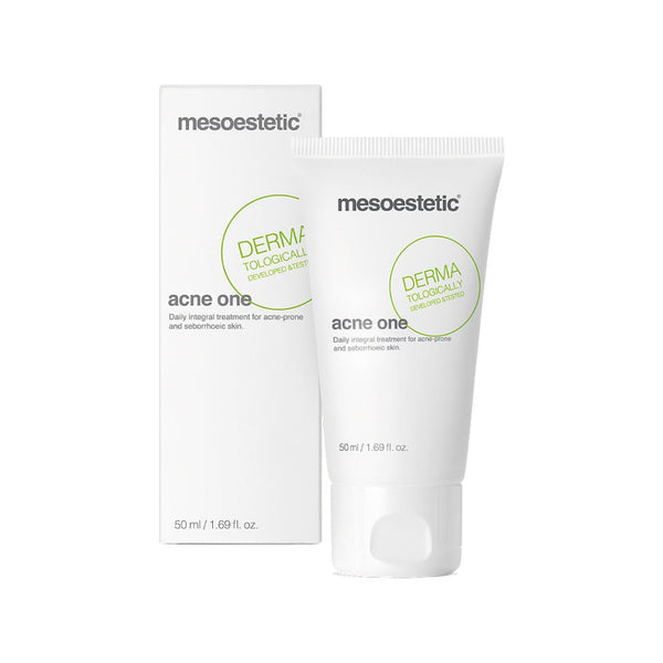 A tube of mesoestetic Acne One Treatment Cream and its box