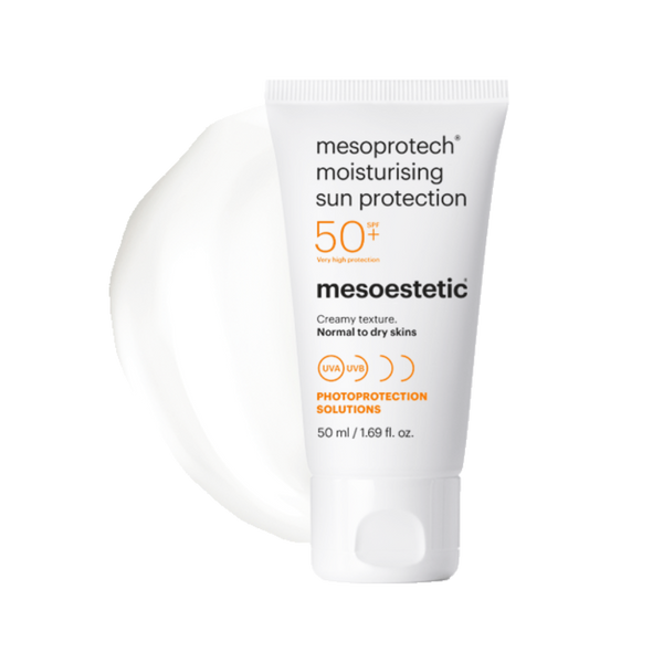mesoestetic Moisturising Sun Protection SPF 50+ tube with cream poured behind it