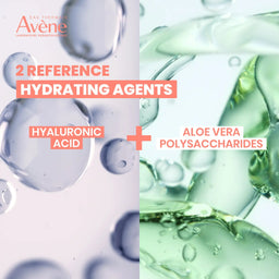 Avene advertisement featuring hydrating agents with hyaluronic acid and aloe vera polysaccharides.