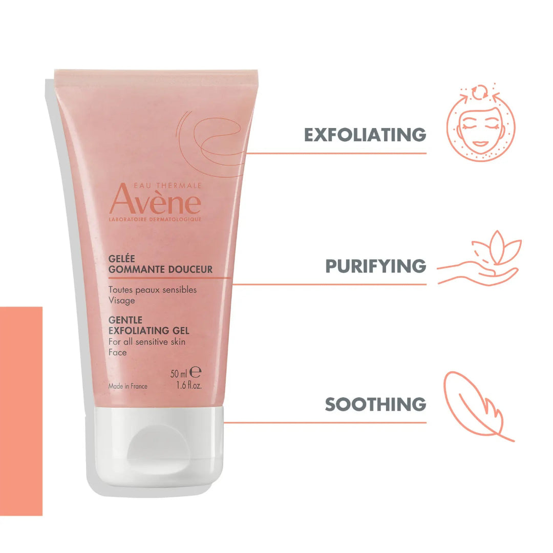 Avene gentle exfoliating gel tube with features 'Exfoliating', 'Purifying', and 'Soothing' on a white background.