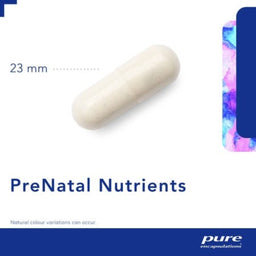 A single off-white pre-natal supplement capsule on a white background with blue text reading '23 mm' and 'PreNatal Nutrients'. A blue brand mark for pure encapsulations appears at the bottom right, and a colorful abstract graphic is visible along the right edge.
