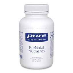 A white plastic bottle of Pure Encapsulations PreNatal Nutrients food supplement with a white ribbed cap, shown on a plain white background.