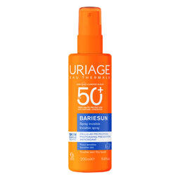 A 200ml bottle of Uriage Eau Thermale Bariesun SPF 50+ sunscreen spray, featuring a bright orange bottle and cap with white and blue text, set against a plain white background.