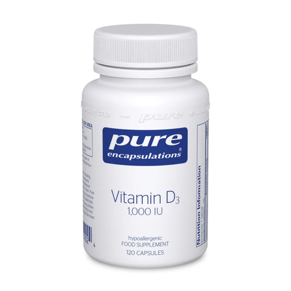 A white plastic bottle of Pure Encapsulations Vitamin D3 1000 IU food supplement, 120 capsules, on a white background.
