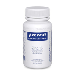 A white plastic bottle of Pure Encapsulations Zinc 15 dietary supplement with a white ribbed cap, shown on a plain white background.
