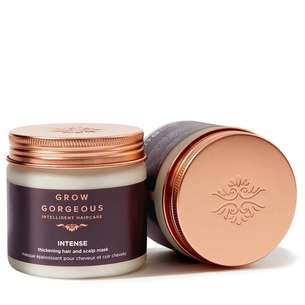 two jars of Grow Gorgeous Intense Thickening Hair & Scalp Mask next to each other