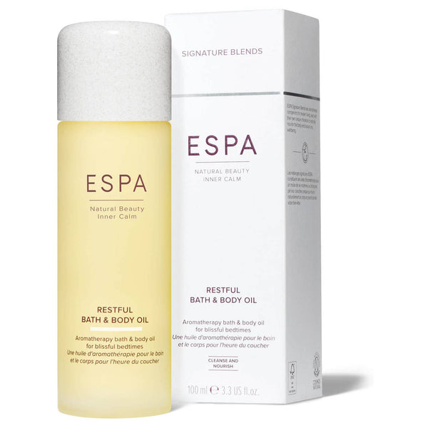 ESPA Restful Bath & Body Oil and packaging