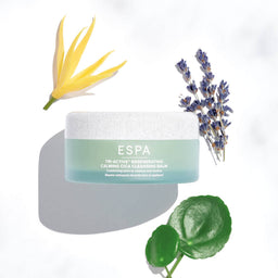 ESPA Tri-Active Regenerating Calming CICA Cleansing Balm surrounded by its raw ingredients 