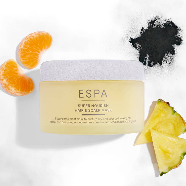 ESPA Active Nutrients Super Nourish Hair and Scalp Mask surrounded by its ingredients 