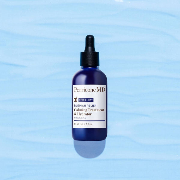 Perricone MD Blemish Relief Calming Treatment & Hydrator bottle on a blue background