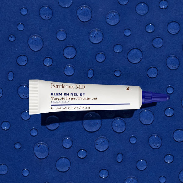 Perricone MD Blemish Relief Maximum Strength Spot Gel tube on  a blue background