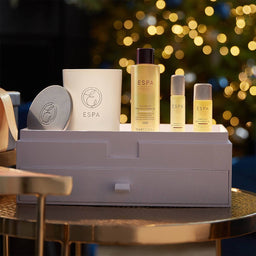 ESPA Positivity Collection in front of a christmas tree