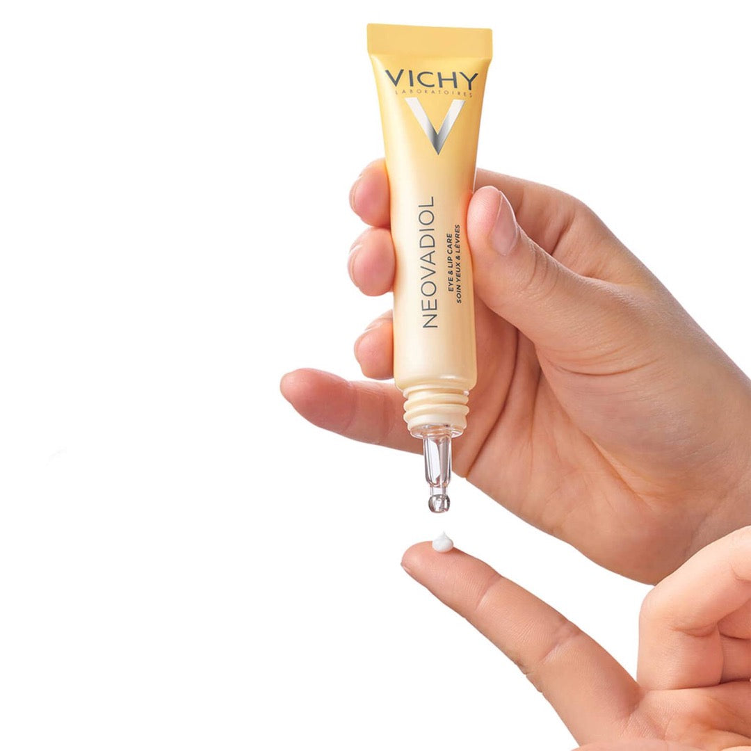 Vichy Neovadiol Multi-Corrective Eye And Lip Care For Perimenopause And Menopause With 3% Proxylane & Hyaluronic Acid 15ml on fingers