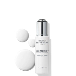 Institut Estederm Age Proteom Advanced Serum 30ml with three texture droplets behind the bottle