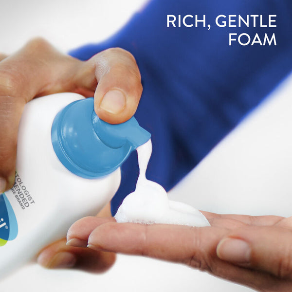 Model pouring foam onto hand, text: rich gentle foam