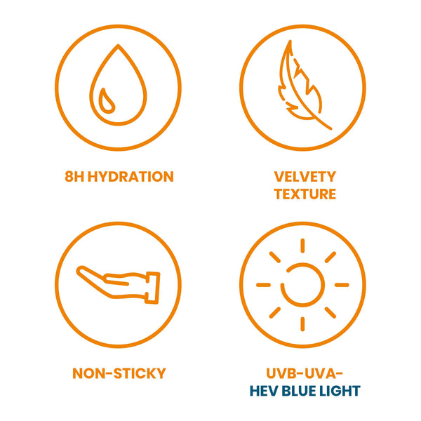 8 hour hydration, ultra light texture, non sticky, UVB-UVA-HEV blue light
