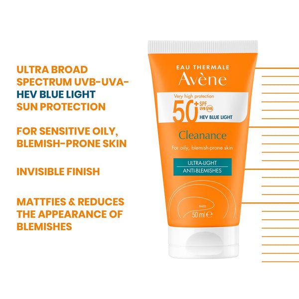 Ultra broad spectrum UVB-UVA-HEV blue light sun protection, for sensitive oily, blemish prone skin, invisible skin and mattfies and reduces the appearance of blemishes 