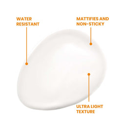 water resistant, mattifies and non sticky, ultra light texture